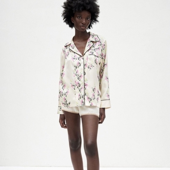 Zara Ecru Printed Piped Shirt Button Up Floral Blouse Women’s - Picture 3 of 8